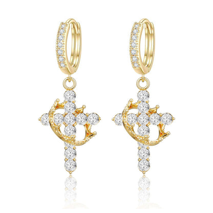 Rotating Crown Cross Earrings Set with Zircon
