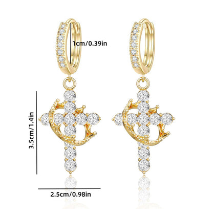 Rotating Crown Cross Earrings Set with Zircon